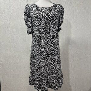 MSK Womens Black and White Floral Puffy Short Sleeve Tiered Hem Dress Size L